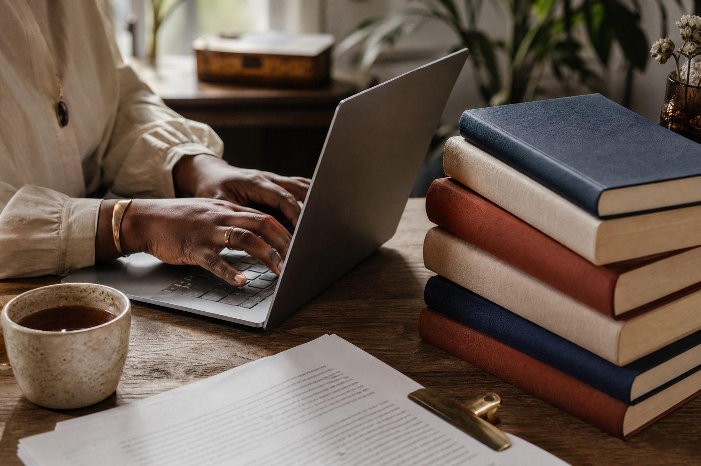 An author typing on a laptop beside a stack of books, a printed manuscript and a cup of tea