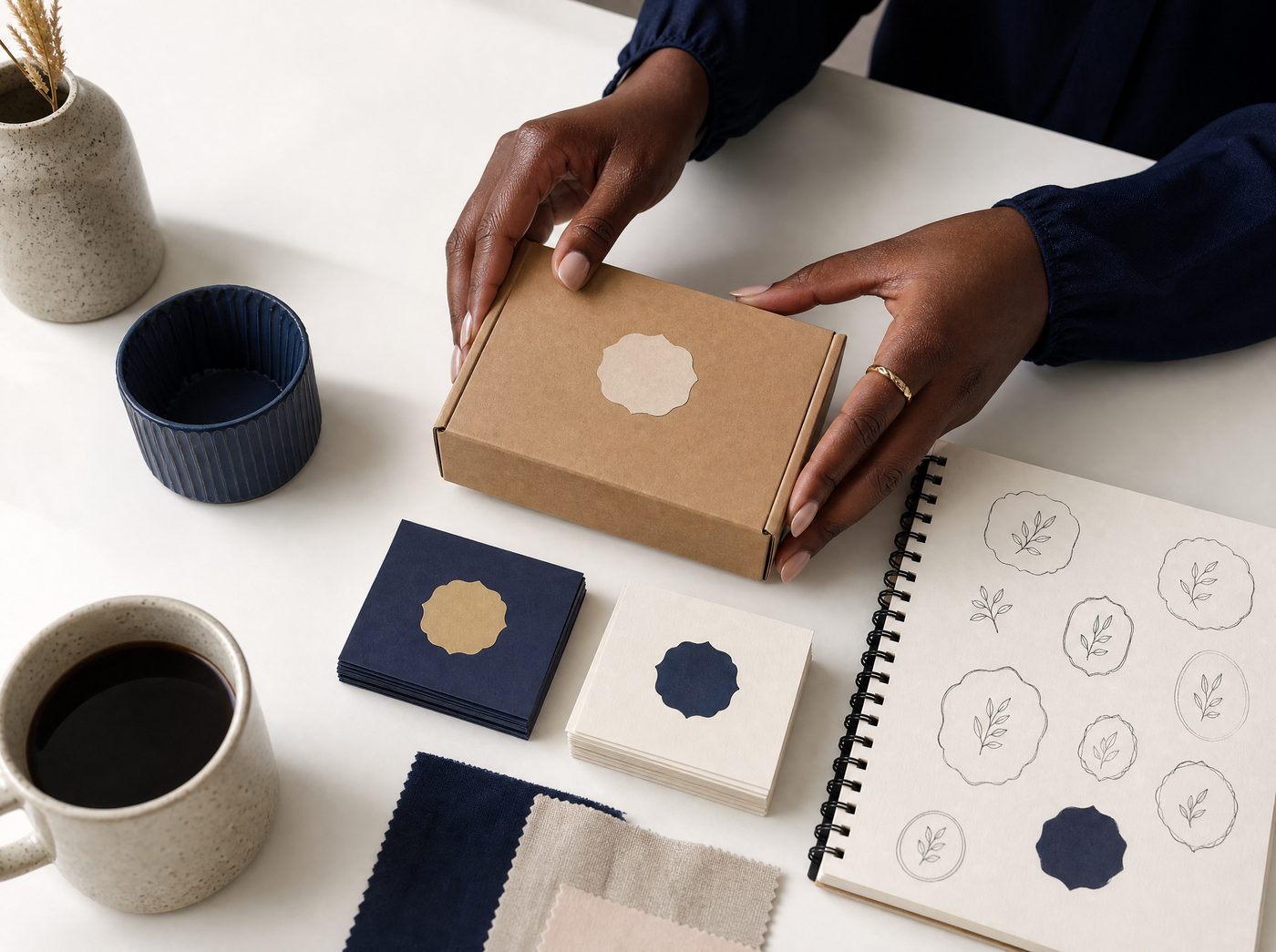 Hands holding a kraft box with an embossed seal above navy and cream brand cards and a sketchbook of logo ideas