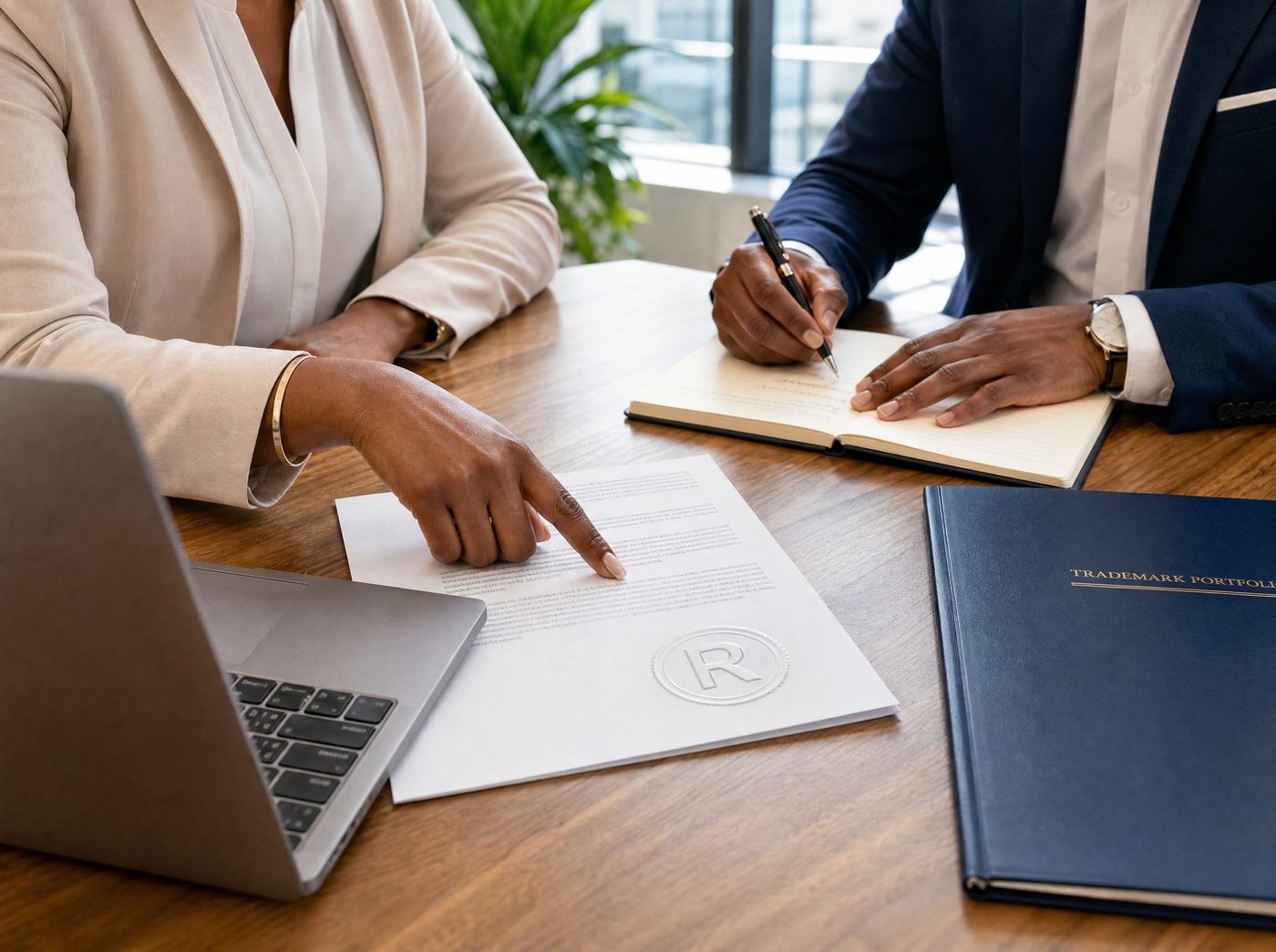 An attorney and a client reviewing a trademark document across a desk, beside a trademark portfolio folder