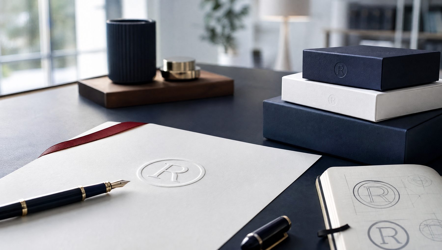 An embossed registered trademark document on a navy desk beside a fountain pen