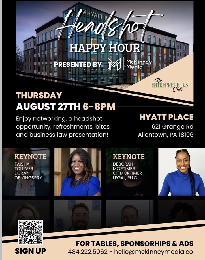 Headshot Happy Hour flyer presented by McKinney Media and The Entrepreneurs' Club, with keynote speaker Deborah Mortimer of Mortimer Legal, PLLC