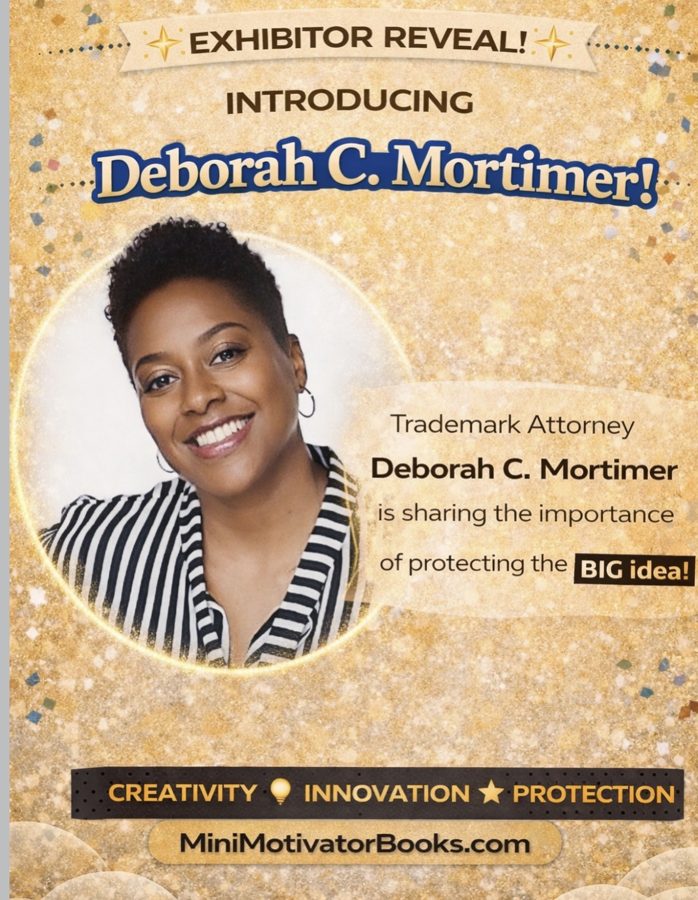 Mini Motivator Books exhibitor reveal flyer introducing trademark attorney Deborah C. Mortimer