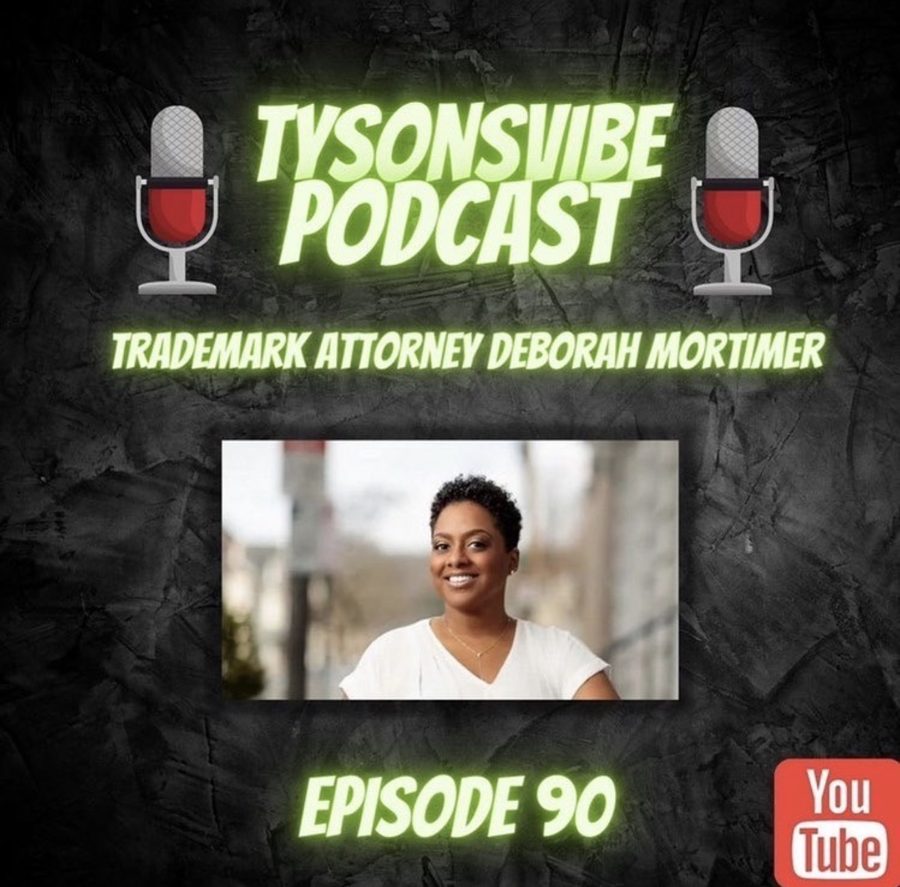 Tysons Vibe Podcast episode 90 flyer featuring trademark attorney Deborah Mortimer